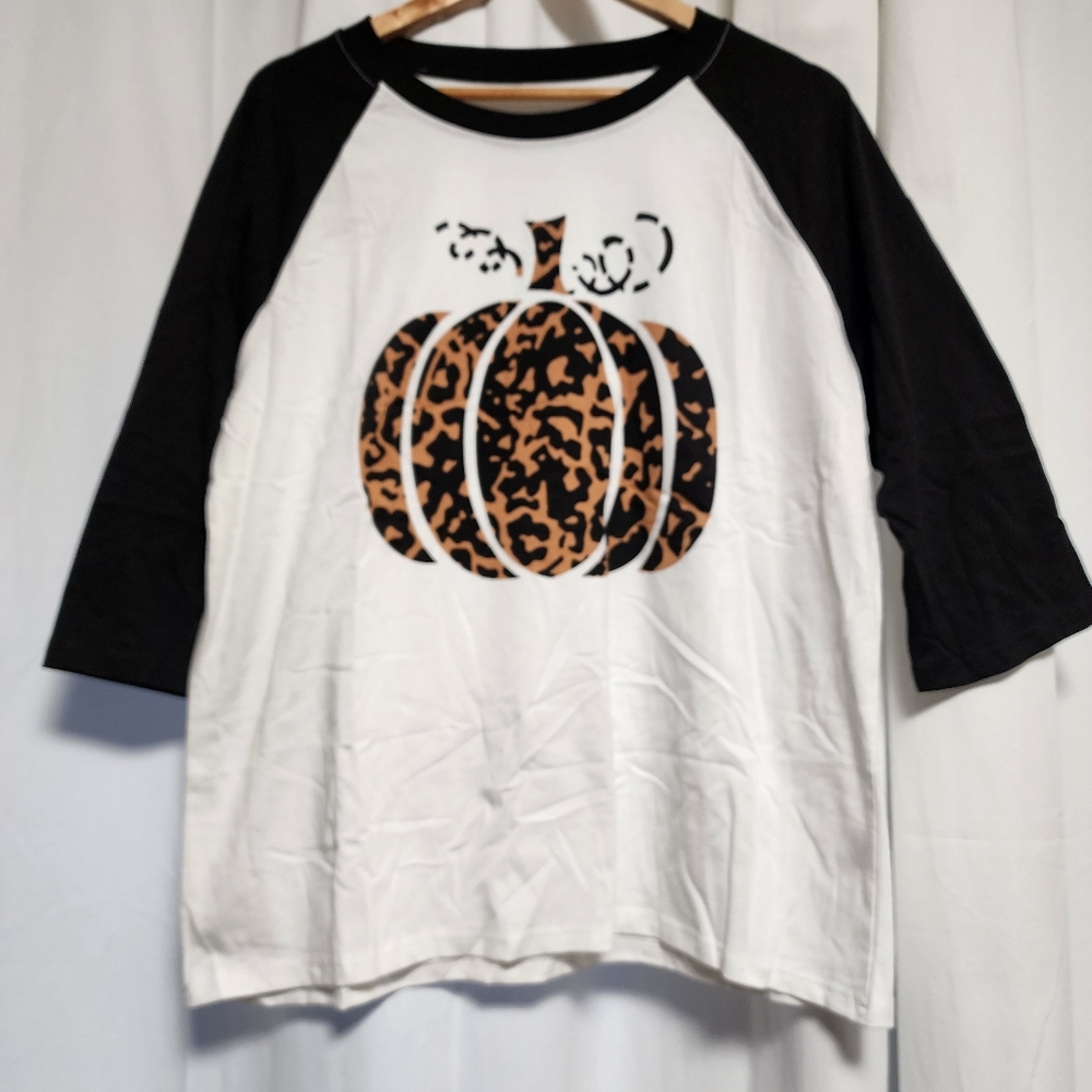 Cheetah Print Fall Halloween Festive Pumpkin Graphic Raglan 3/4 Sleeve Tee XL